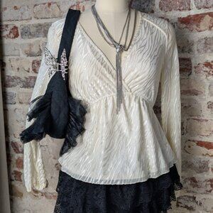 Y2K Sheer Boho Baby Doll Creme Bell Sleeve Blouse Size S